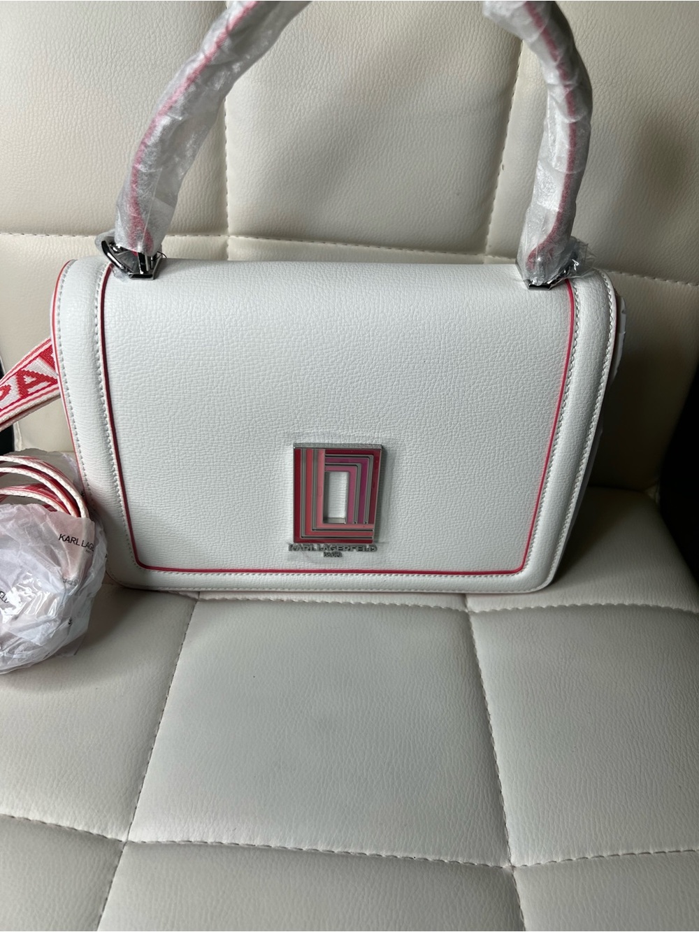 Karl Lagerfeld White Satchel with Pink Trim and Logo Accent